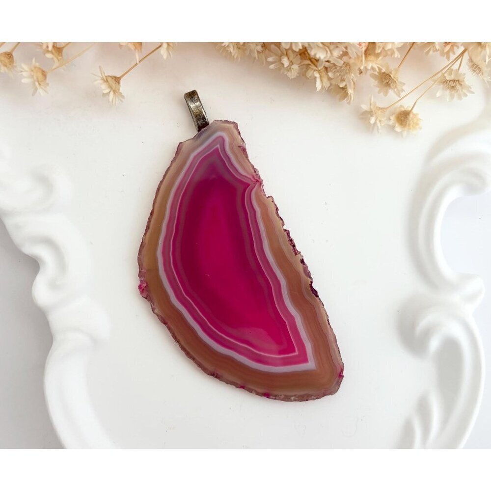 Pink Slice Agate Crystal Geode Freeform Large Silver Toned Vintage Pendant